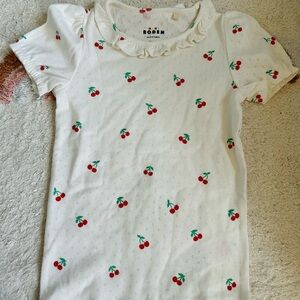 Mini Boden White Short-Sleeve Cherry Print Ruffle Neck Top 6/7